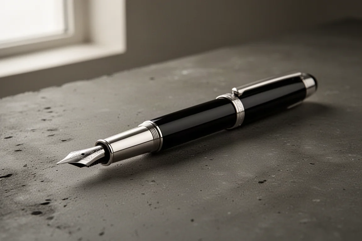 Black lacquer and palladium fountain pen with hooded nib on dark concrete