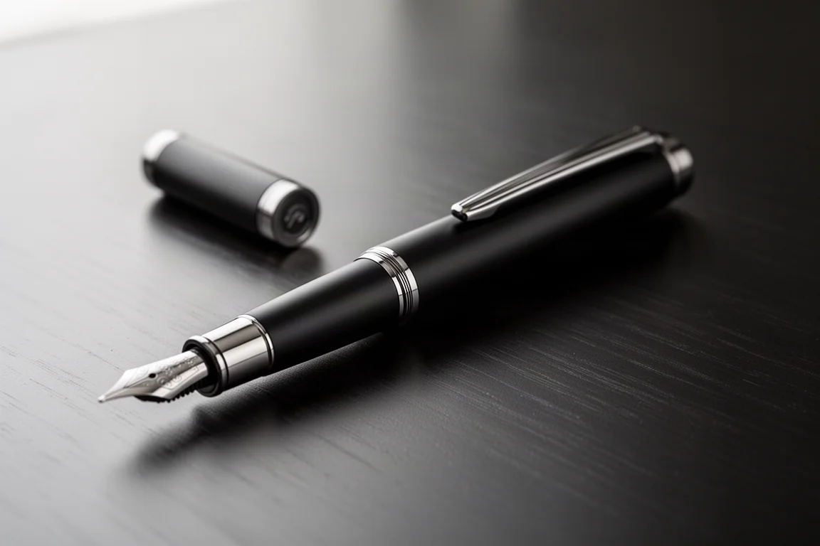 Matowe czarne pióro wieczne z okuciami gunmetal leżące na ciemnym blacie biurka