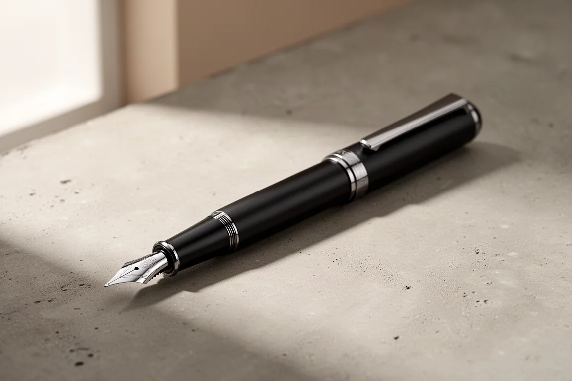 Matte black fountain pen with gunmetal trim on a concrete surface