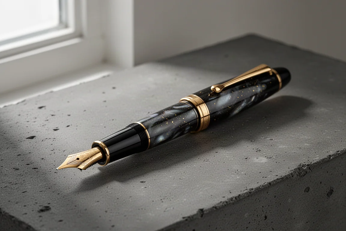 Black lacquered luxury fountain pen with gold trim on a concrete surface