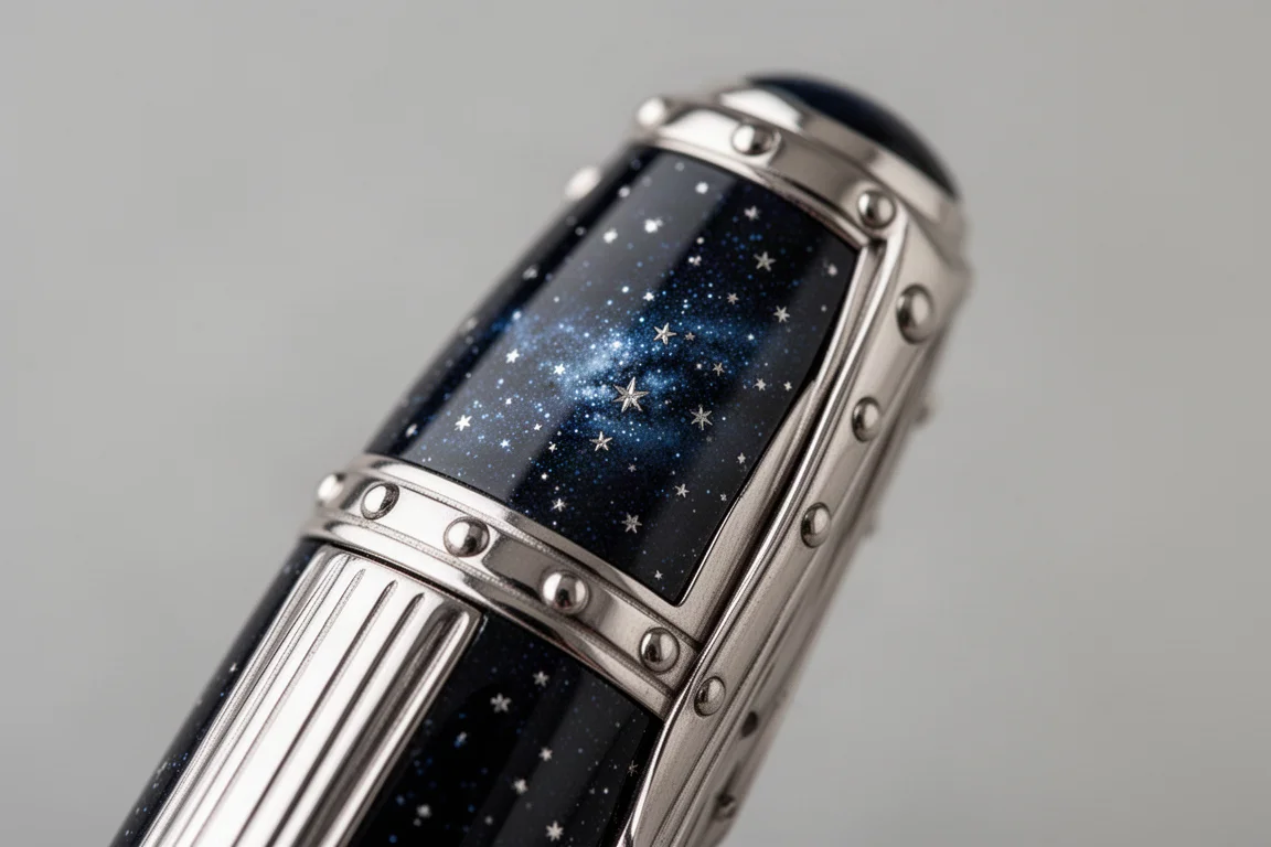 Gros plan sur le capuchon du stylo plume orné d'un laque Voie lactée et de garnitures en palladium