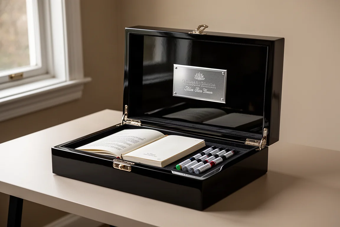 Coffret de présentation laqué piano ouvert, avec plaques et cartouches d'encre