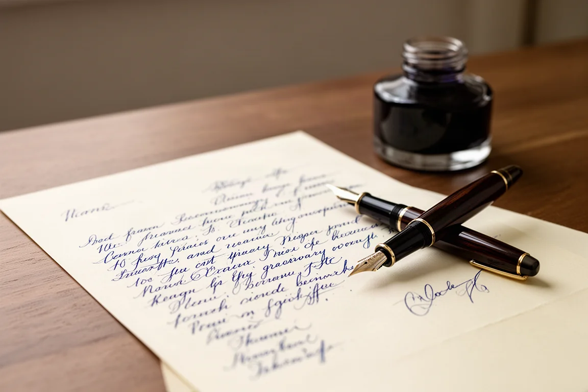 Page manuscrite avec un stylo plume posé à côté sur un bureau