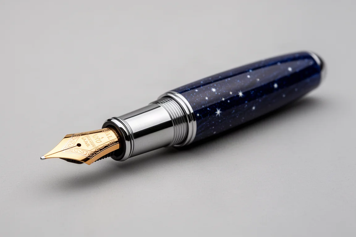 Corps du stylo plume découvert, révélant la plume en or et la section métallique striée