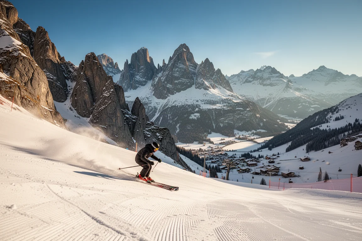 Skier on a sunny groomed piste high in the Swiss Alps