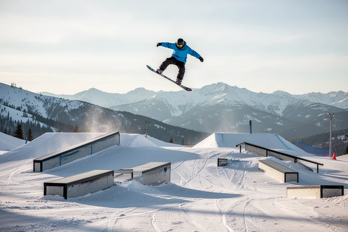 Snowboarder mid-jump in a mountain snow park