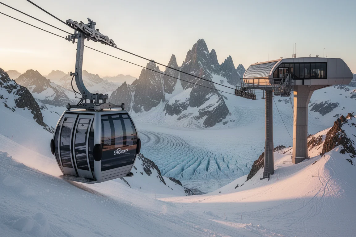 Gondola cabin gliding over snowy alpine peaks at sunrise