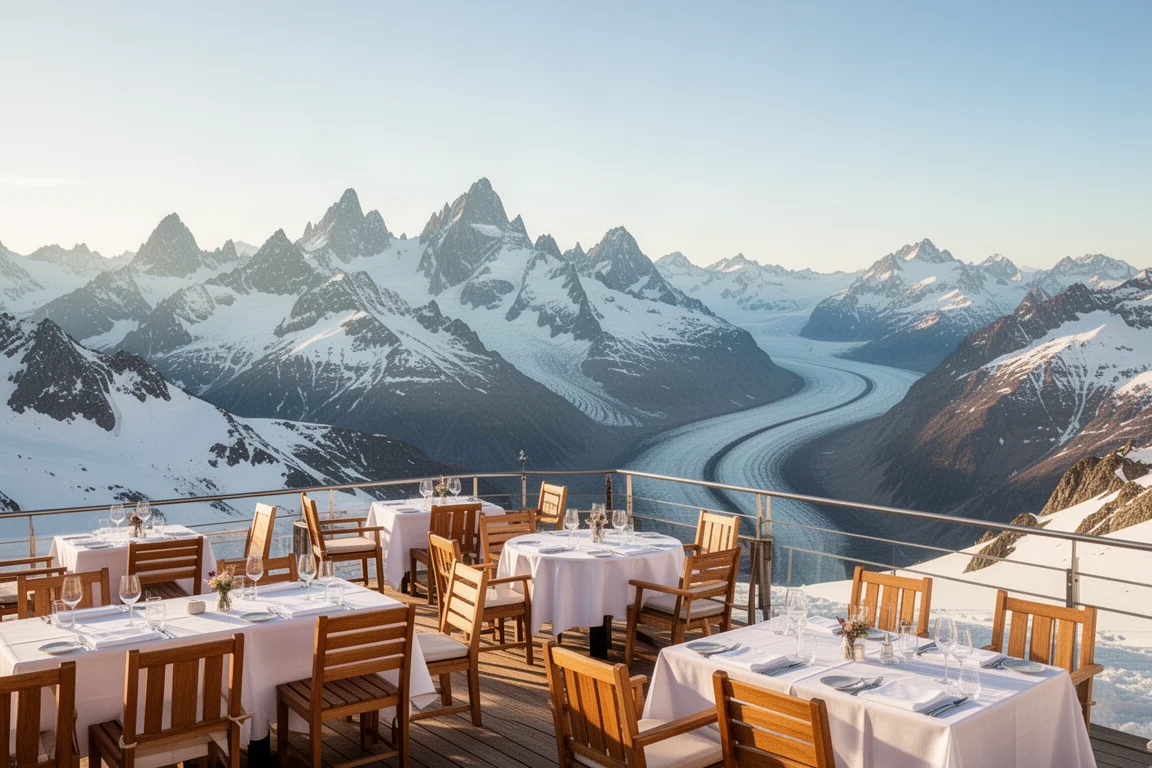 Outdoor mountain restaurant terrace with panoramic alpine views