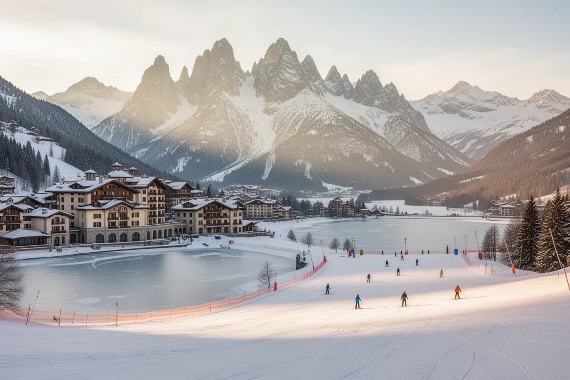 Sunny alpine ski slope above a frozen lake with jagged Swiss peaks in the background