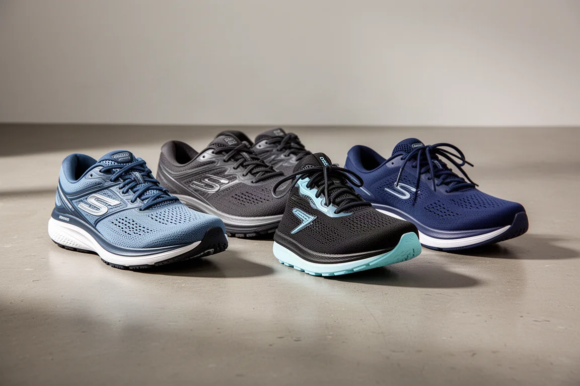 Four stability running shoes lined up on a matte concrete studio floor