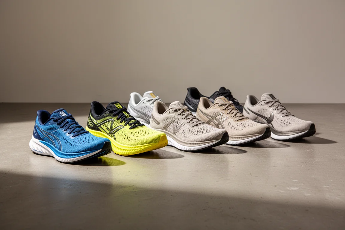 Eight running shoes lined up on a concrete studio floor