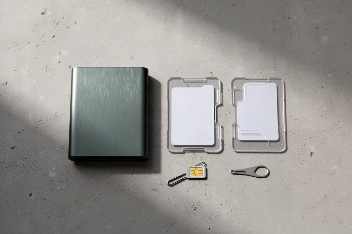 Slim modular wallet pieces laid out with two inner card layers and a small removal tool