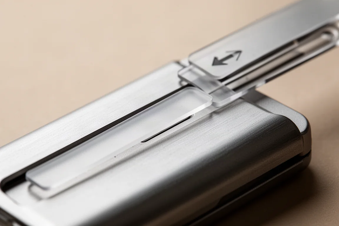 Close-up of a wallet sliding plate aligning with a small arrow marker on the track