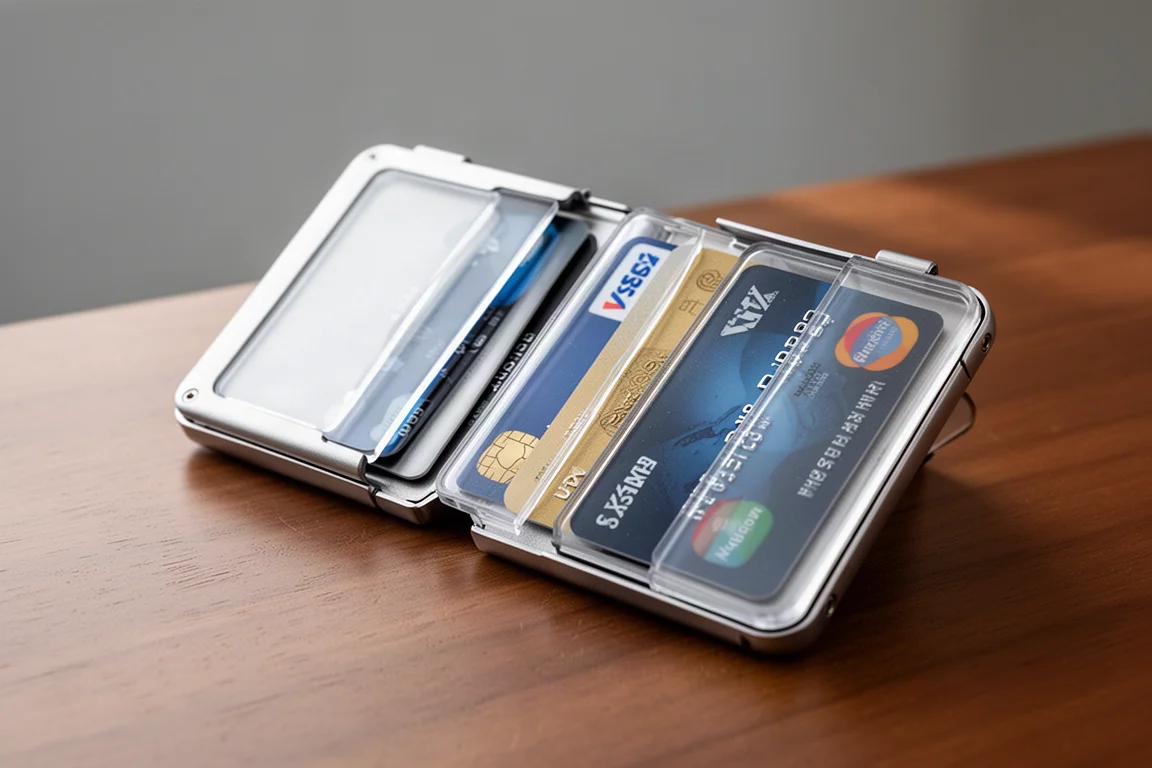 Wallet fanned open showing cards sitting in separate compartments without touching