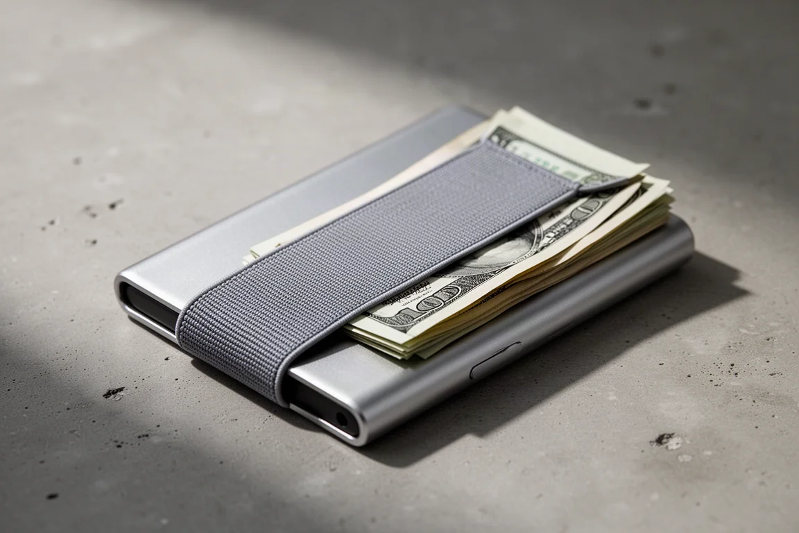 Elastic cash strap on the back of a wallet holding folded bills