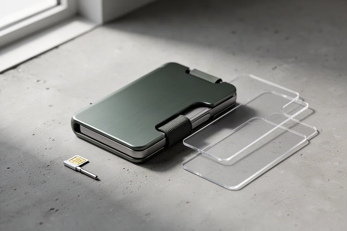Portafoglio modulare in alluminio sottile con strati interni per le carte e un piccolo attrezzo di rimozione sul calcestruzzo
