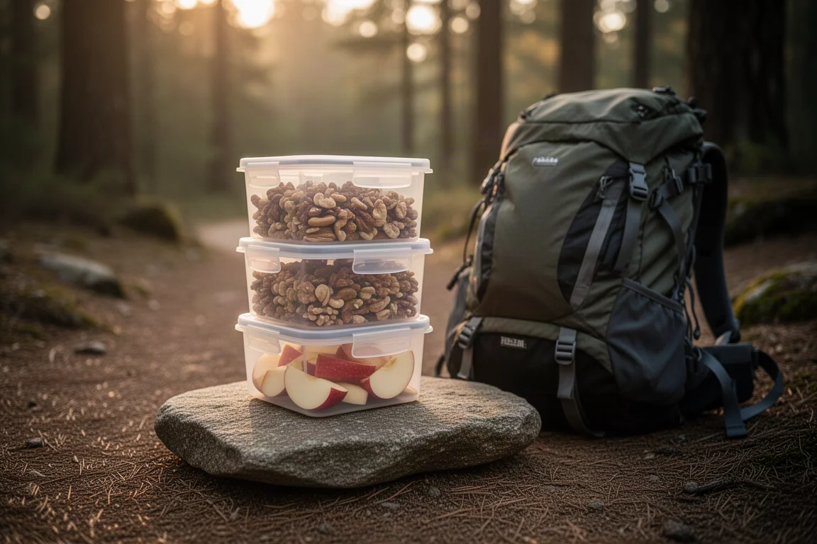 登山客在小径边休息,背包旁放着零食收纳罐