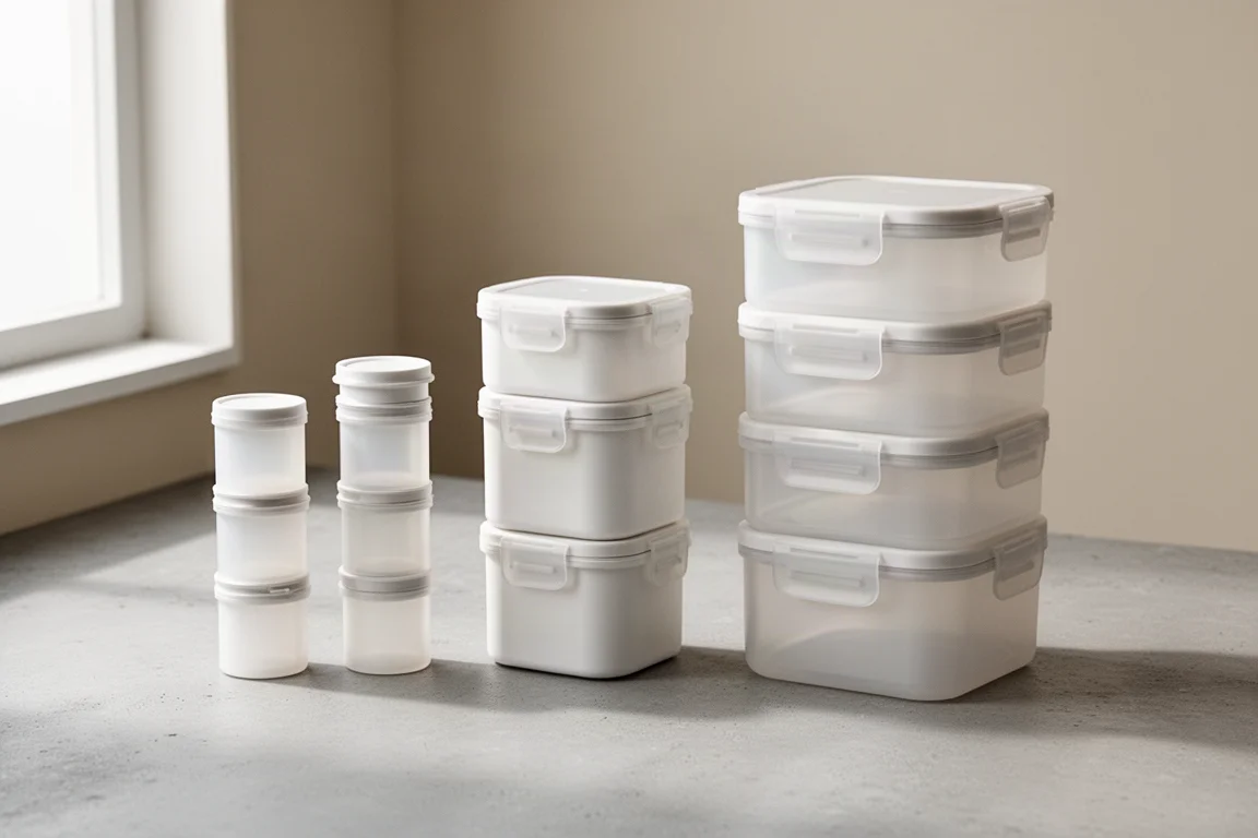 Tre set di contenitori Stacks nelle dimensioni small, medium e large allineati su una superficie in cemento