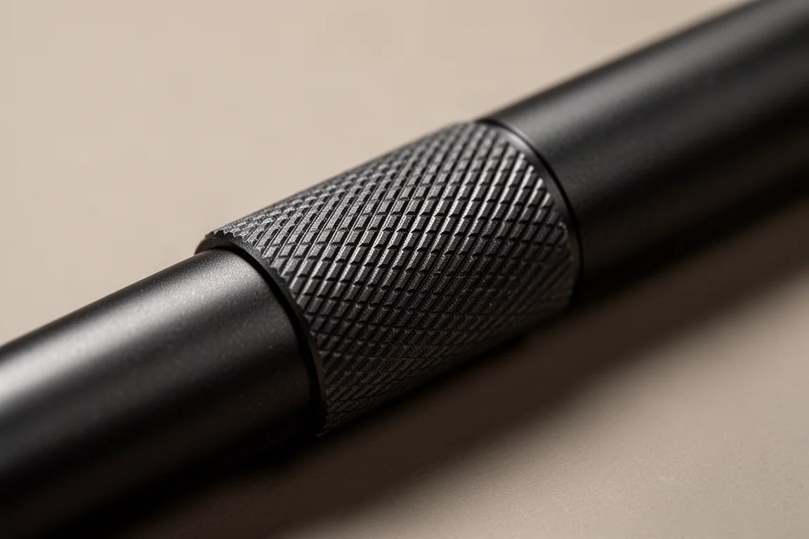 Nahaufnahme eines geriffelten Metallgriffs an einem schwarzen Stift