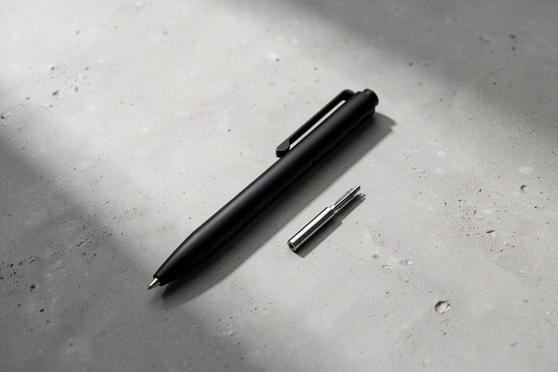 Draufsicht auf einen schwarzen Stift mit kleiner Ersatzmine auf einer Betonoberfläche