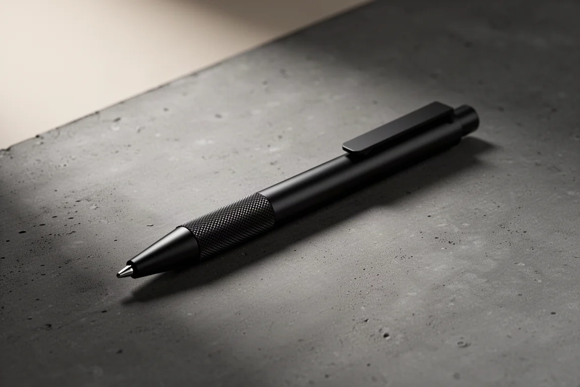 All-black aluminum ballpoint pen lying diagonally on a dark concrete surface