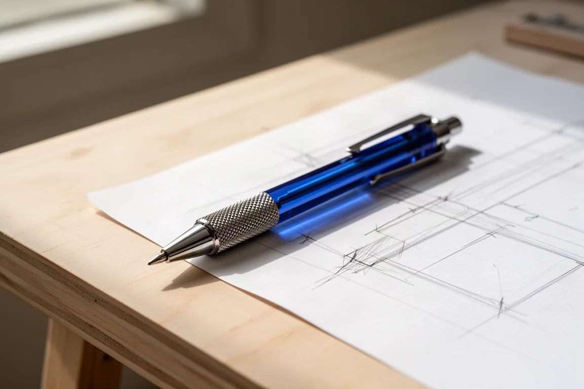 Lapiseira azul com empunhadura metálica serrilhada apoiada em uma mesa de desenho técnico