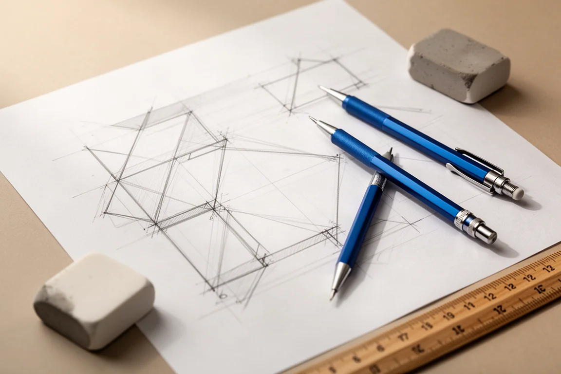 Mão traçando linhas finas em papel de desenho com uma lapiseira