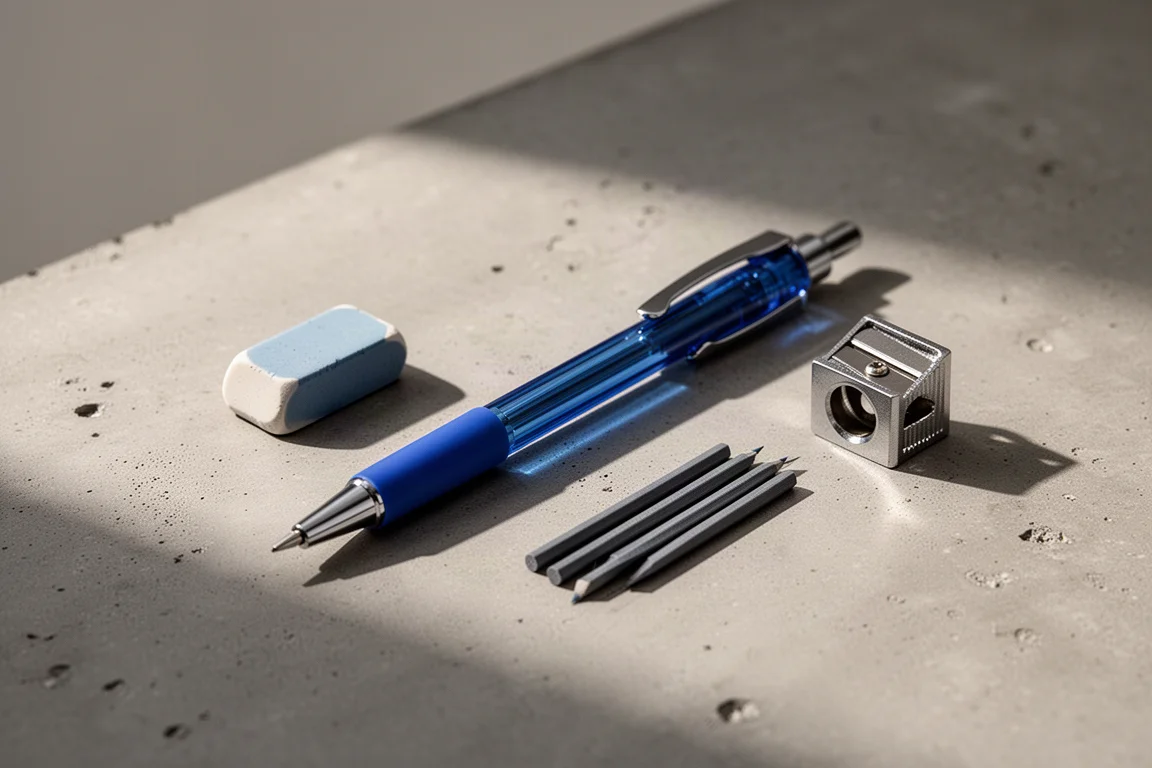 Lapiseira azul ao lado de materiais de papelaria em uma mesa organizada