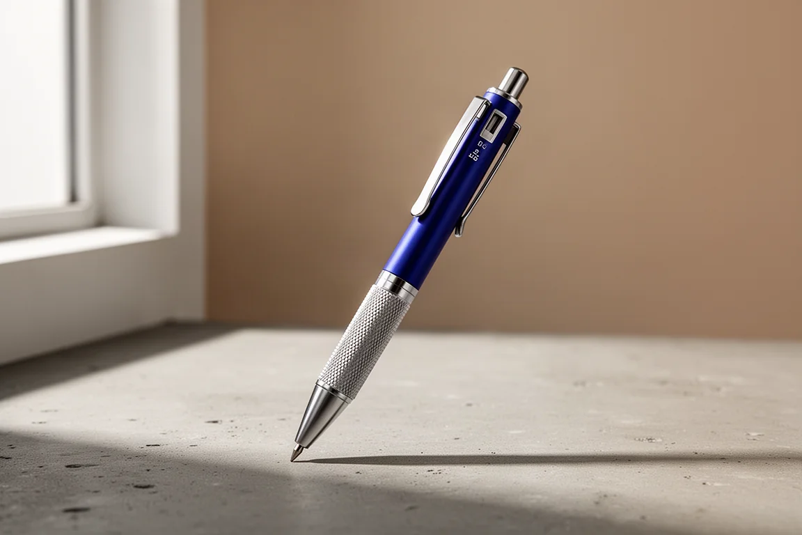 Matita da disegno blu Staedtler 770 con impugnatura metallica zigrinata su superficie di cemento