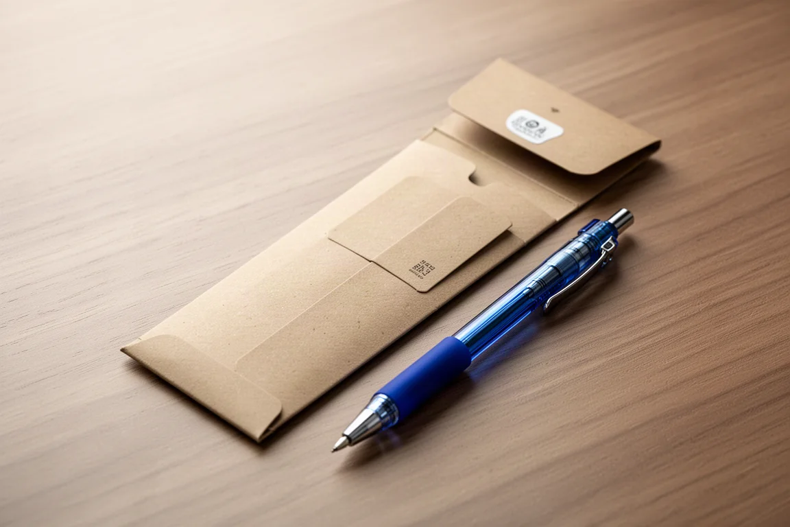 Blue mechanical pencil beside a paper packaging sleeve on a wooden desk