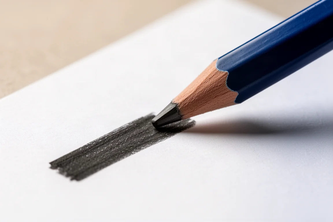 Broad pencil lead making a thick dark mark on white paper