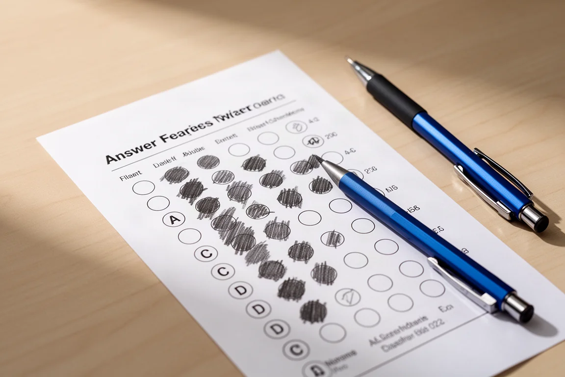 Answer sheet with filled pencil bubbles next to a mechanical pencil