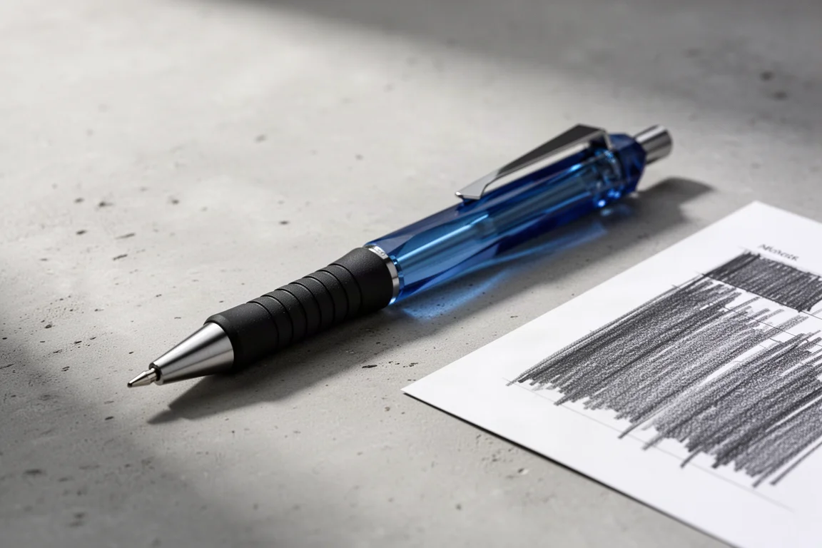 Blue mechanical pencil with rubber grip lying beside a paper card with pencil marks