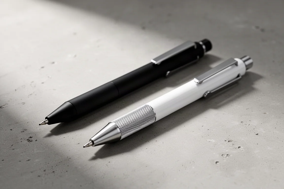 Black and white Staedtler 925 15 Metal mechanical pencils on a concrete surface