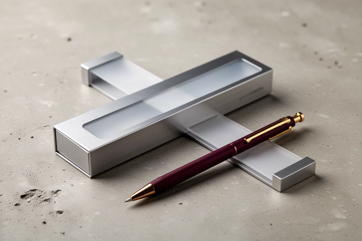 Porte-mine présenté à côté de son coffret métallique