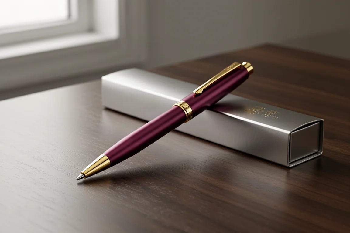 Burgundy mechanical pencil with gold fittings beside metallic packaging on a desk