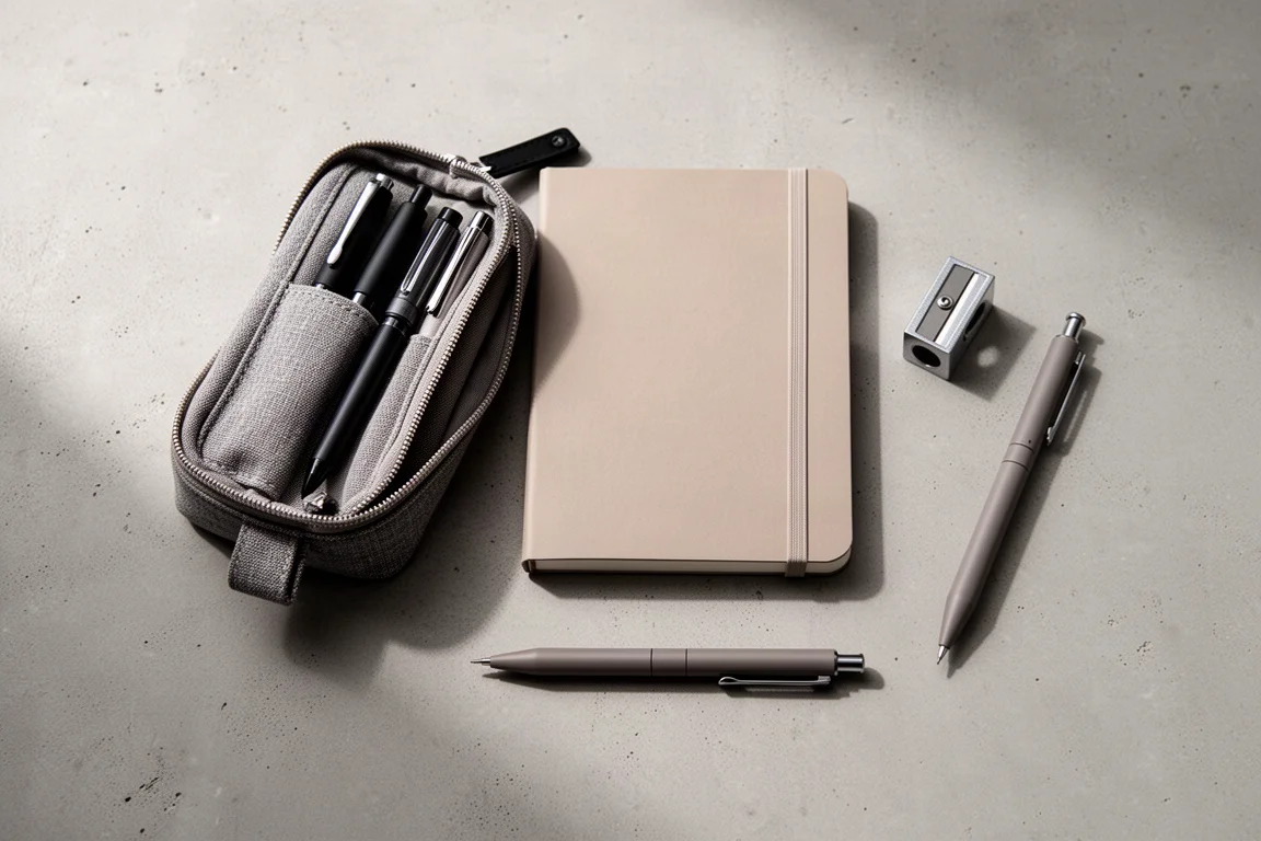 Stationarylayout med en penna, anteckningsbok och pennfodral