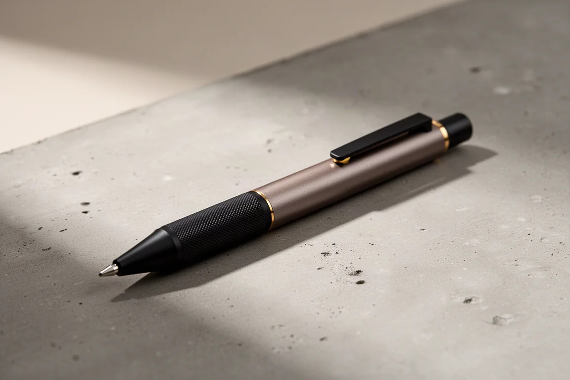 Warm grey mechanical pencil with black grip and gold accents on a concrete surface