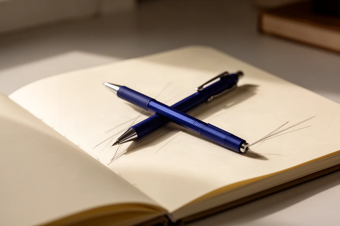 Porte-mine en équilibre sur un carnet ouvert pendant l'écriture