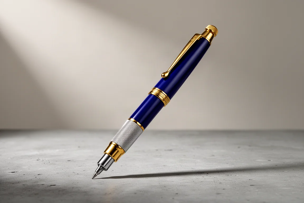 Staedtler 925 35 Royal Blue limited edition drafting pencil with gold accents on grey concrete