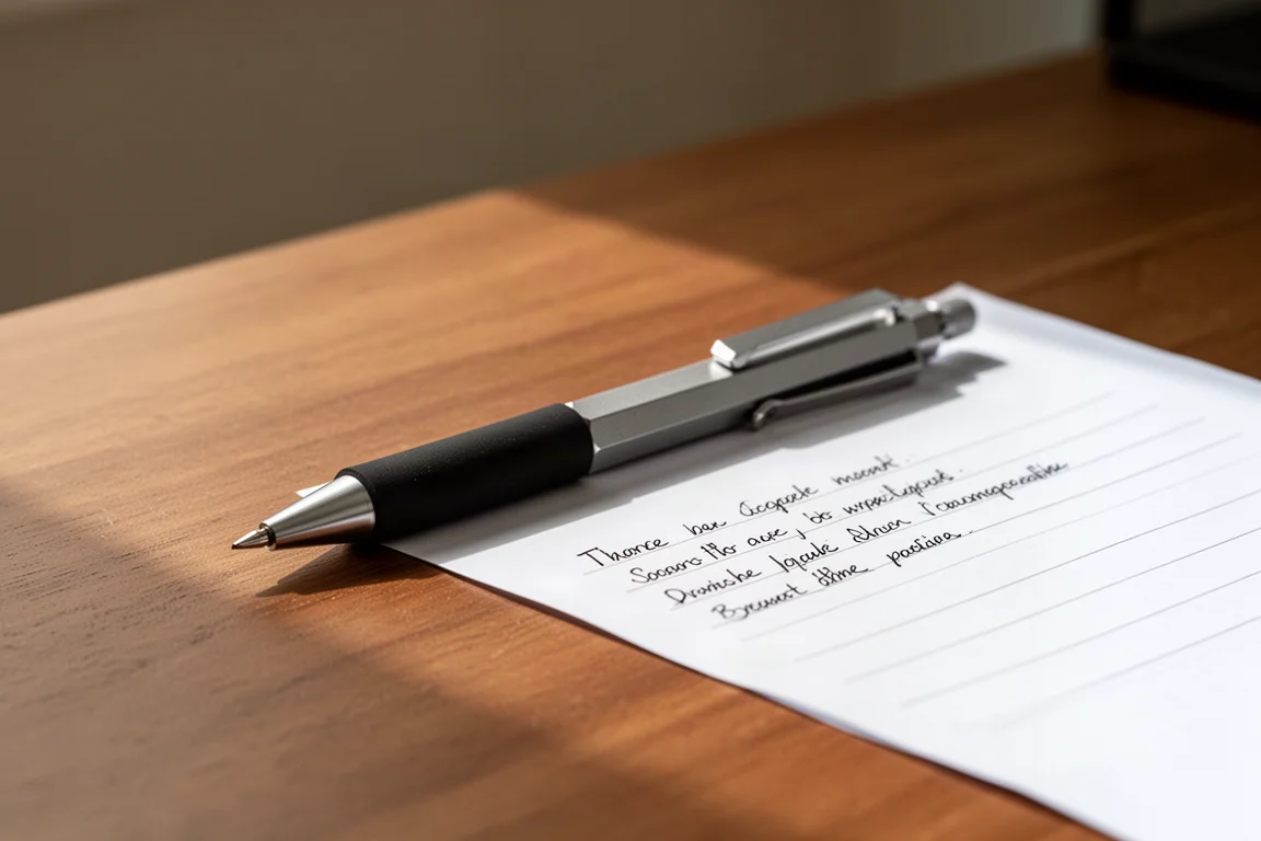 Hexagonaler Zeichenstift liegt auf einem Schreibtisch neben handschriftlichen Notizen