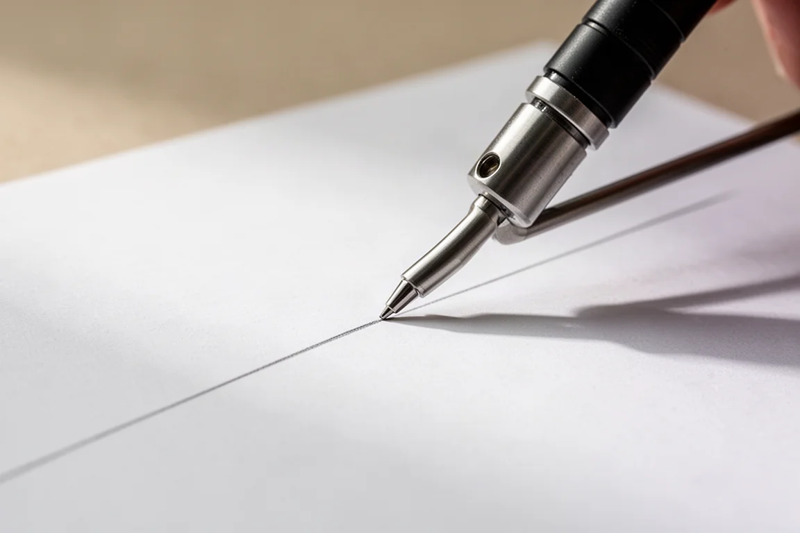 Nahaufnahme einer Stift-Führungshülse, die während feiner Linienarbeit das Papier berührt