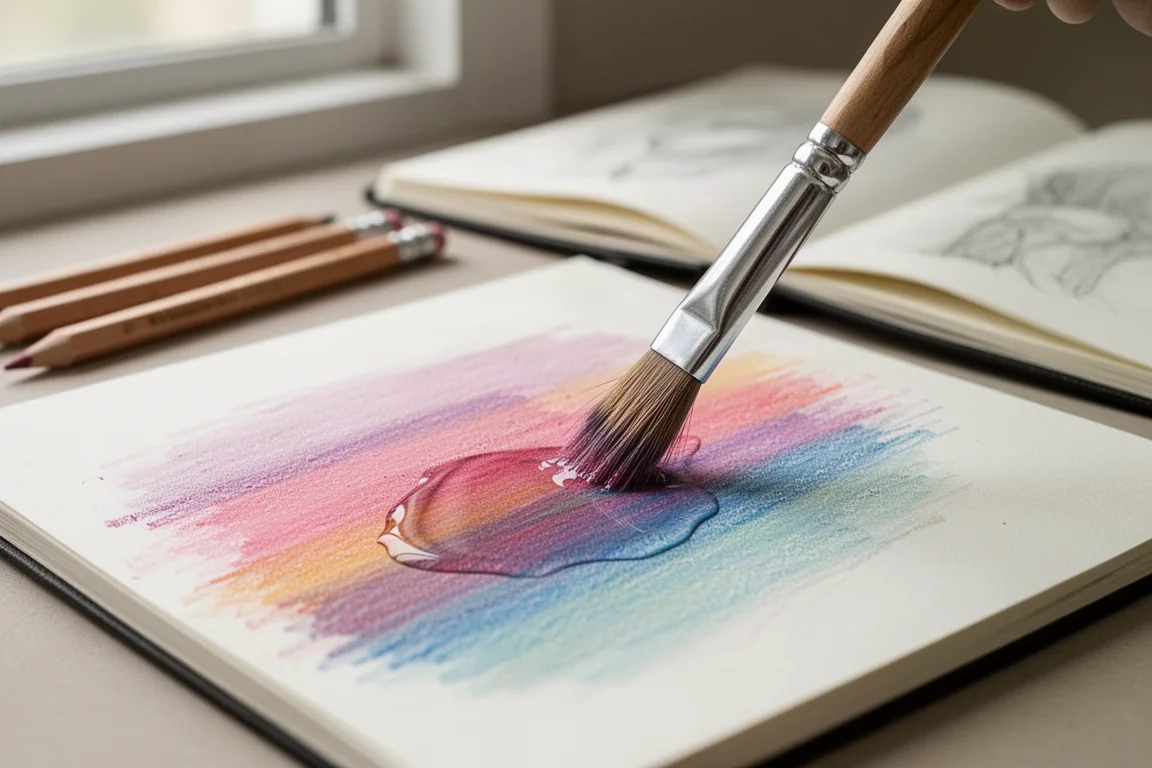 Buntstift-Pigment, das mit einem Pinsel auf einer Mixed-Media-Skizzenbuchseite aufgelöst wird