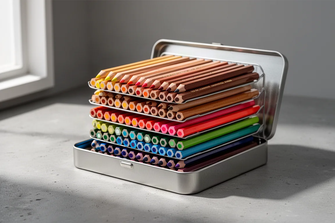 Open tin of 72 colored pencils arranged in three colour-matched layers