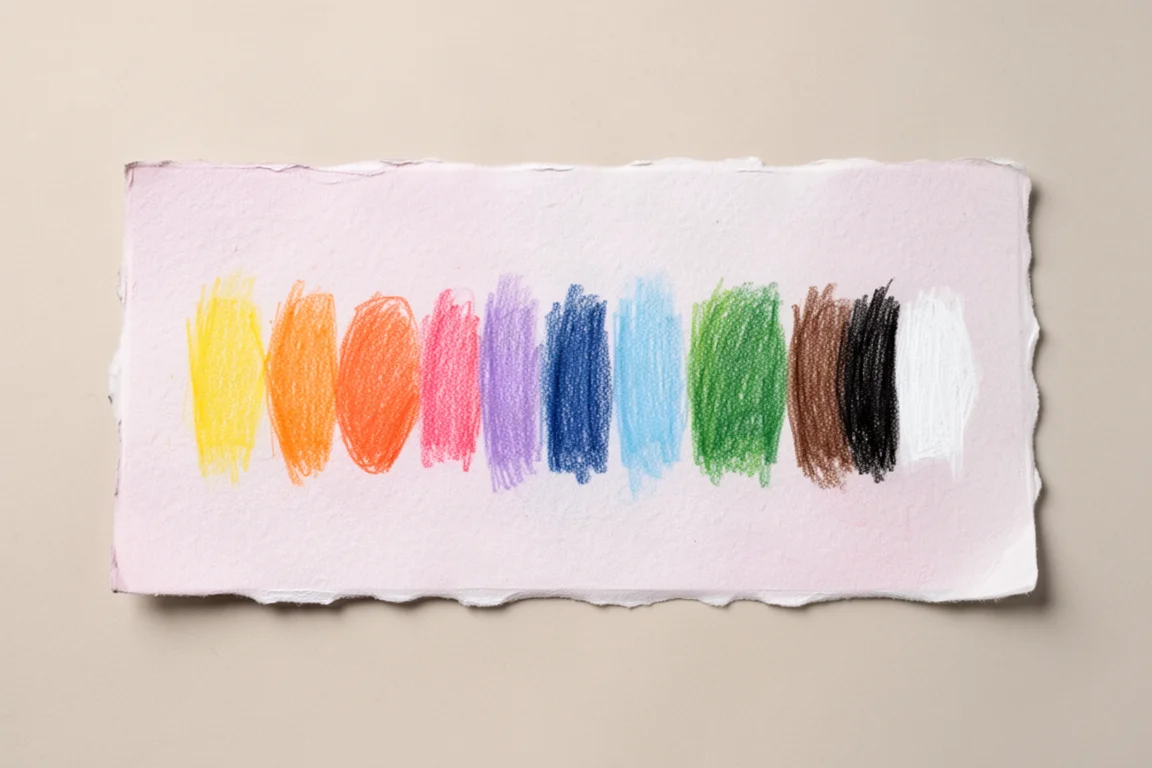 Reihe mit zwölf Pastellstift-Farbmustern auf weißem Pastellpapier
