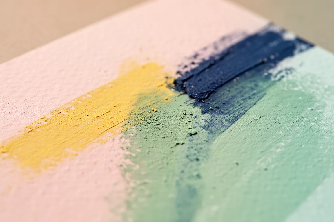 Pastellstifte vermischen Gelb und Blau zu Grün auf strukturiertem Papier