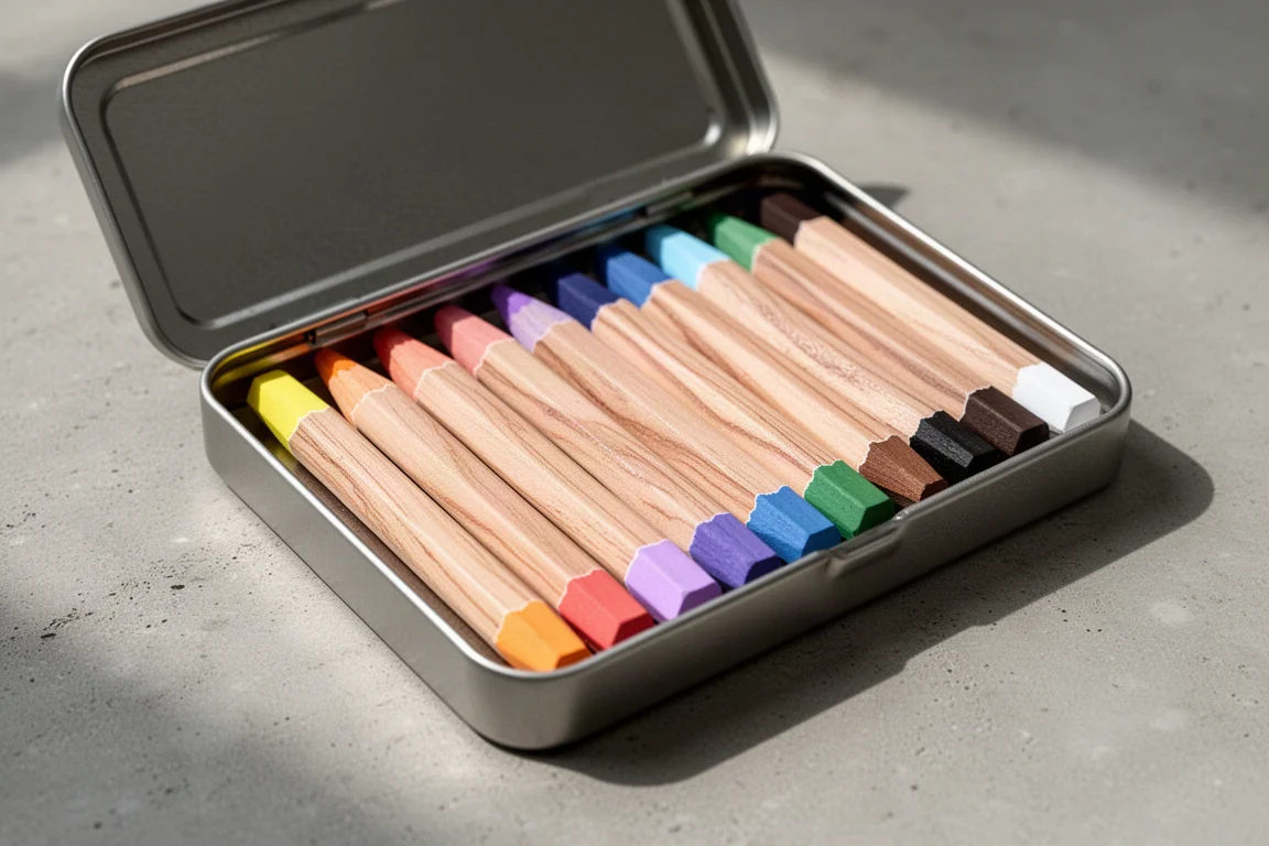 Open tin of twelve Staedtler pastel pencils with colorful tips on concrete surface