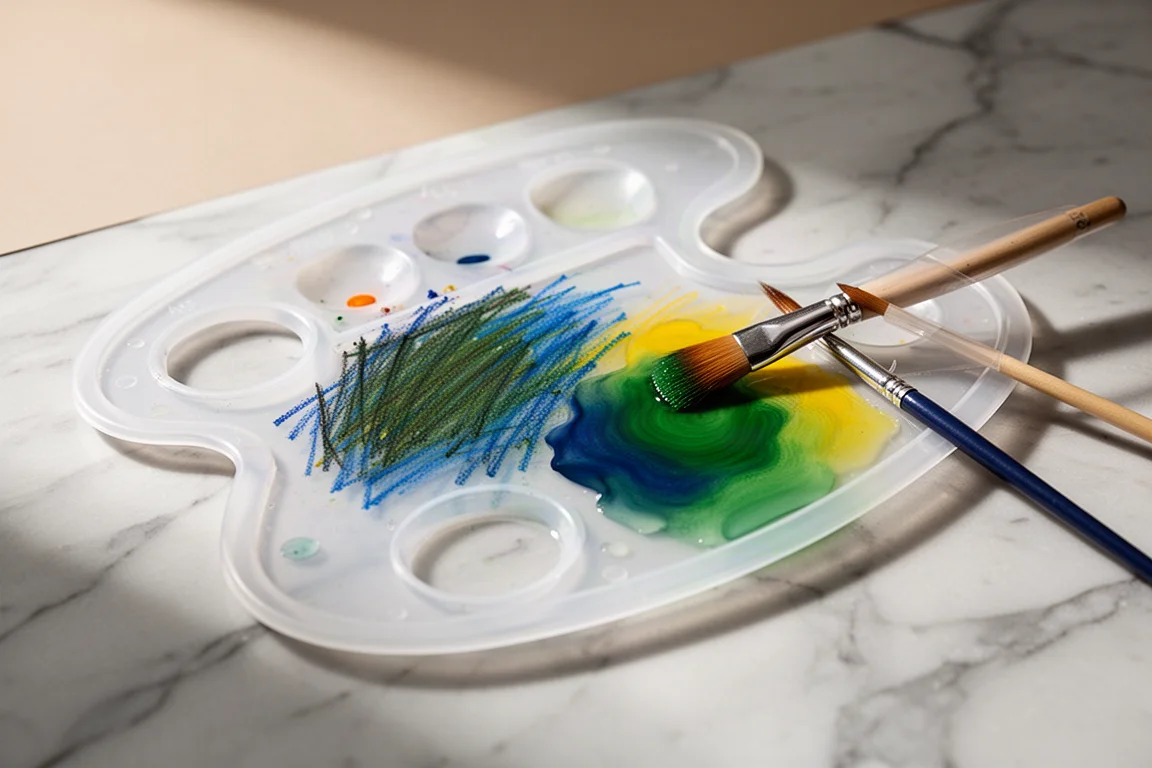 Palette avec des pigments de craie mélangés à l'eau et un pinceau aquarelle