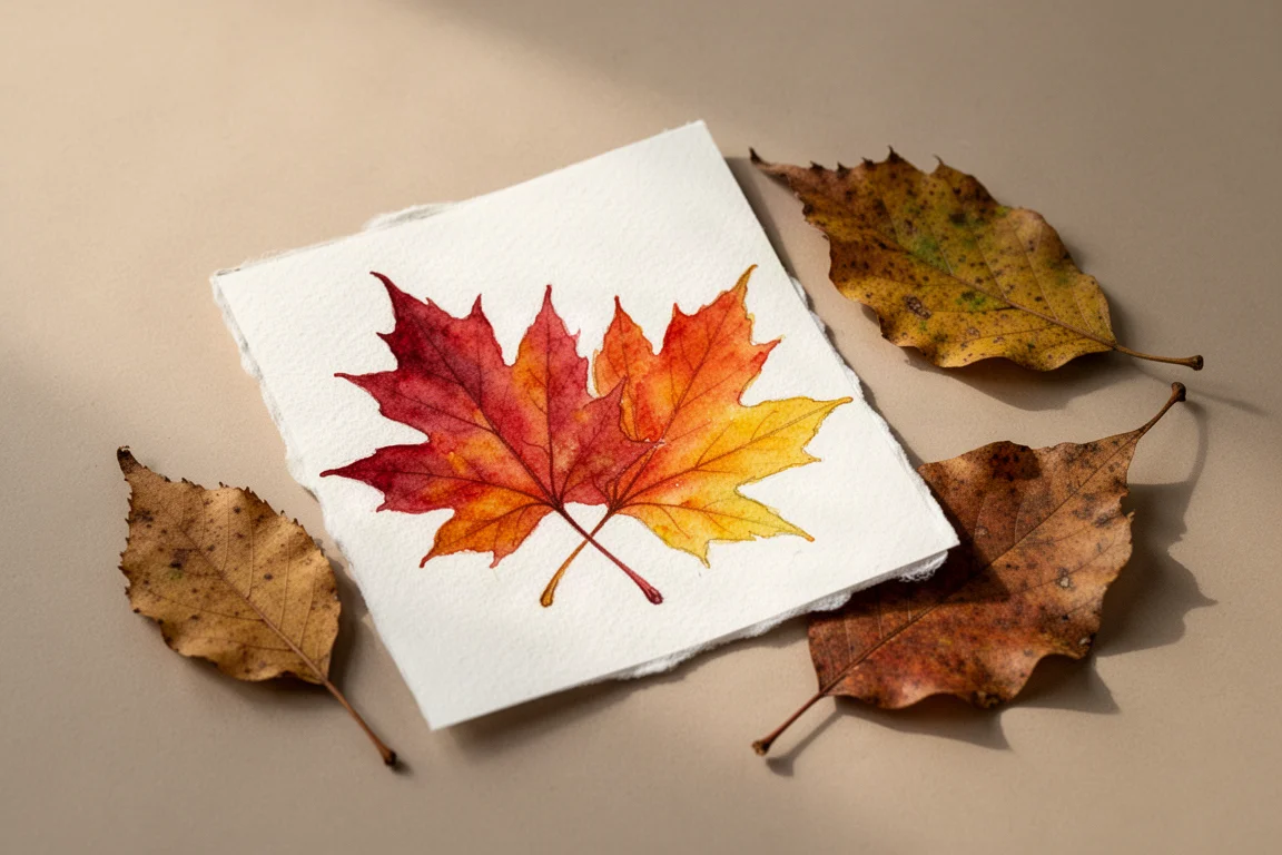 Feuilles d'automne peintes à l'aquarelle dans des tons vifs sur papier texturé