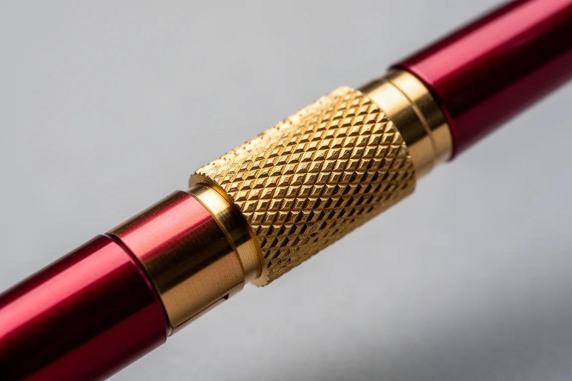 Nahaufnahme des goldenen gerändelten Griffstücks eines roten Druckbleistifts